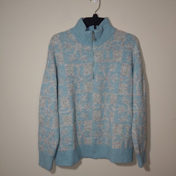 Loft Wool Blend Mock Neck 1/4 Zip Snowflakes Knit Pullover Sweater Size L Blue - Picture 1 of 8